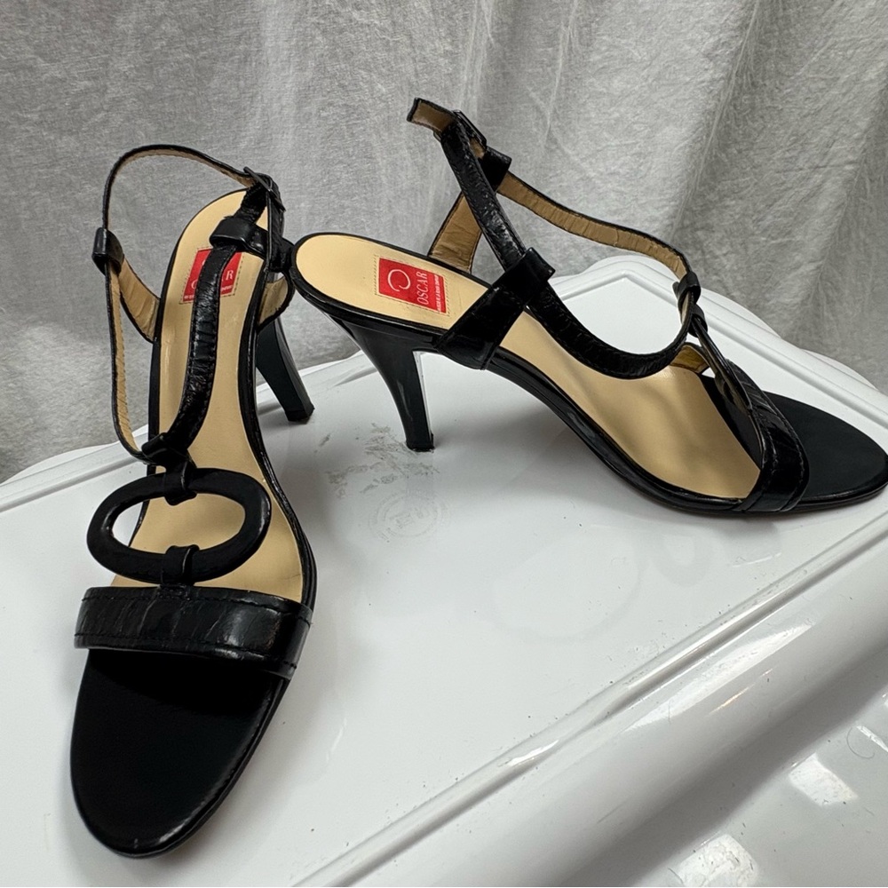 Oscar de la Renta Vintage Red Label Black Patent Leather Strappy Sandal Heels 9